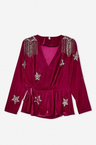 Topshop Velvet Embellished Star Wrap Blouse in Magenta | glam party fashion - flipped