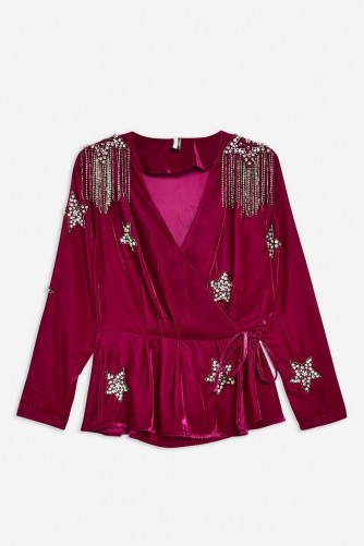 Topshop Velvet Embellished Star Wrap Blouse in Magenta | glam party fashion