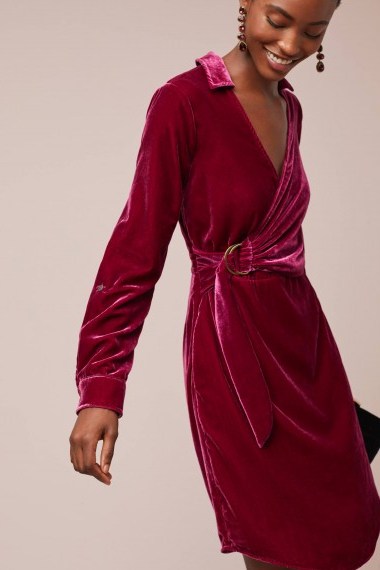 Maeve Velvet Shirtdress in Raspberry | luxe pink party frock - flipped