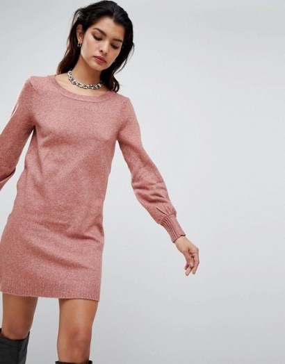 Vila Boat Neck Knit Jumper Dress in Ash Rose – pink sweater dress - flipped