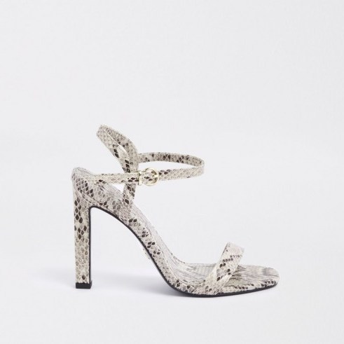 River Island White snake print barely there sandals – glamorous animal print heels - flipped