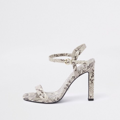 River Island White snake print barely there sandals – glamorous animal print heels