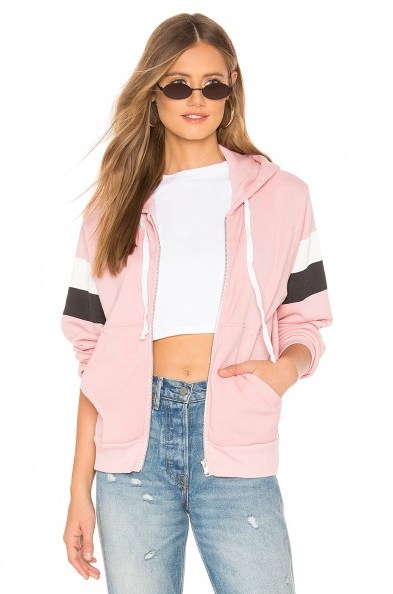 Wildfox Couture Taupe Rose VARSITY STRIPE REGAN ZIP HOODIE – pink hoodies - flipped