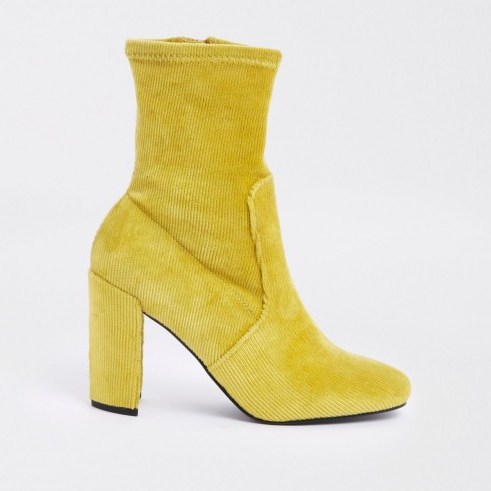 River Island Yellow faux suede block heel sock boots – textured cord style boot – Autumn colour - flipped