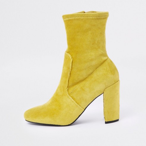 River Island Yellow faux suede block heel sock boots – textured cord style boot – Autumn colour