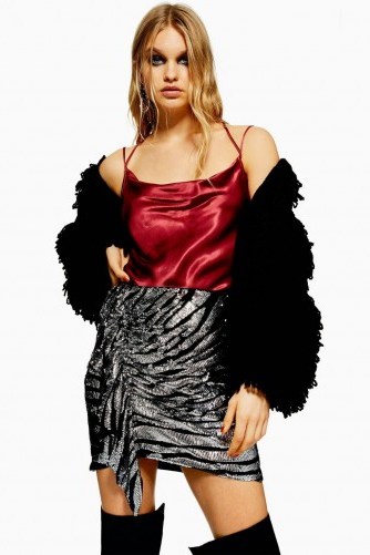 Topshop Zebra Print Sequin Drape Mini Skirt in Black | glamorous side ruched skirts - flipped