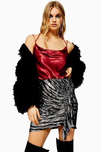 Topshop Zebra Print Sequin Drape Mini Skirt in Black | glamorous side ruched skirts