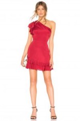 About Us BIANCA ONE SHOULDER DRESS in Wine | ruffle trim party dresses