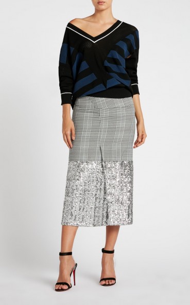 ROLAND MOURET ABRAMS MONOCHROME HOUNDSTOOTH PRINT and SILVER SEQUIN SKIRT