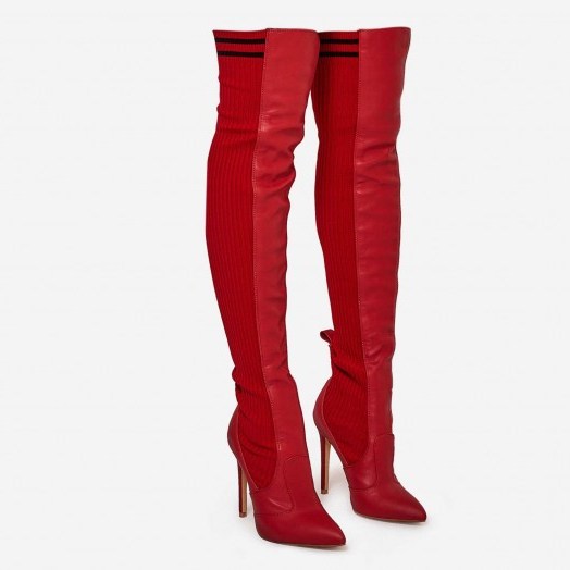 EGO Addicted Knitted Over The Knee Long Boot In Red Faux Leather – long sassy boots - flipped