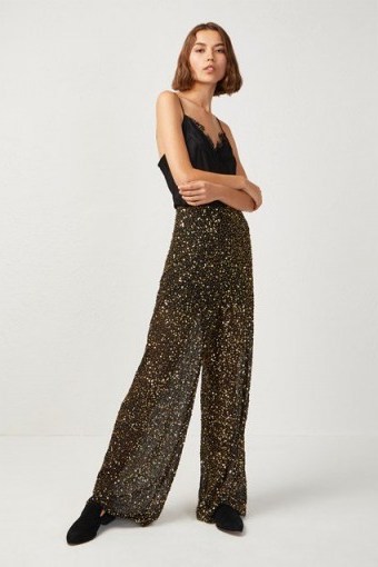FRENCH CONNECTION AIDA SEQUIN WIDE LEG TROUSERS in Black/Gold | sparkly party pants - flipped