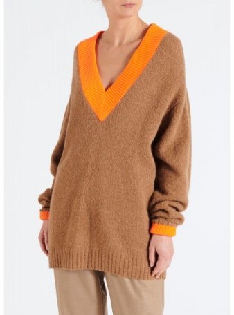 Tibi AIRY ALPACA V-NECK PULLOVER WITH CONTRAST RIB in Camel Multi ~ oversized brown jumpers - flipped