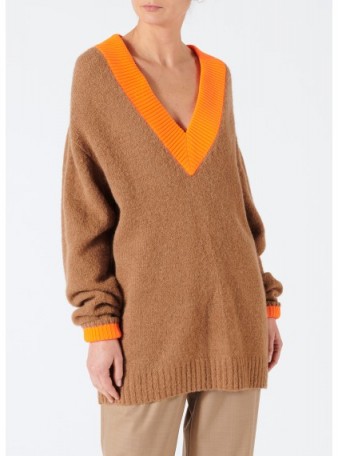 Tibi AIRY ALPACA V-NECK PULLOVER WITH CONTRAST RIB in Camel Multi ~ oversized brown jumpers