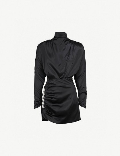 ALESSANDRA RICH Crystal-embellished ruched black silk-satin mini dress | party glamour - flipped