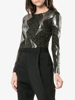 Alexia Hentsch Metallic Lightning Black Glitter Bodysuit / silver paneled bodysuits