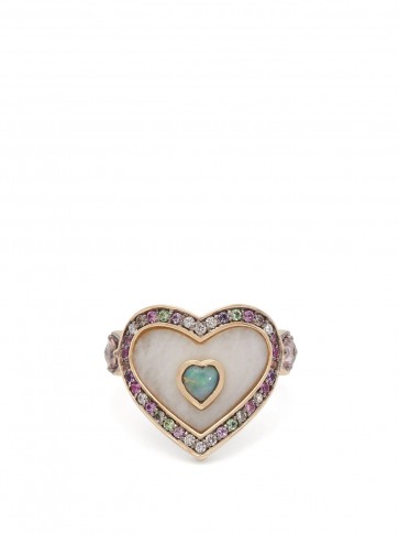 NOOR FARES Anahata 18kt gold, agate, opal & sapphire heart shaped ring