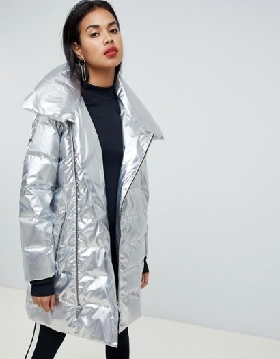 Armani Exchange metallic longline padded jacket in 1983 silver | shiny street style winter jackets - flipped