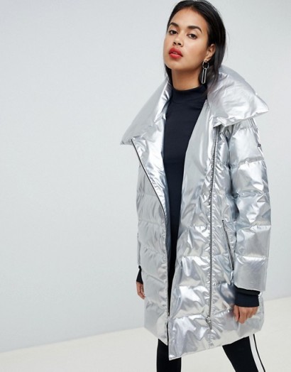 Armani Exchange metallic longline padded jacket in 1983 silver | shiny street style winter jackets