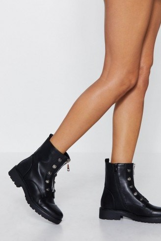 NASTY GAL Army Of Me Faux Leather Boot in black – front zip studded boots - flipped