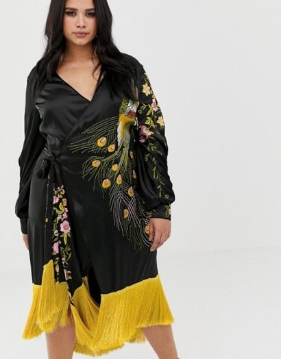 ASOS DESIGN Curve kimono midi dress with fringe in embroidered satin peacock in black | glamorous plus size party dresses - flipped