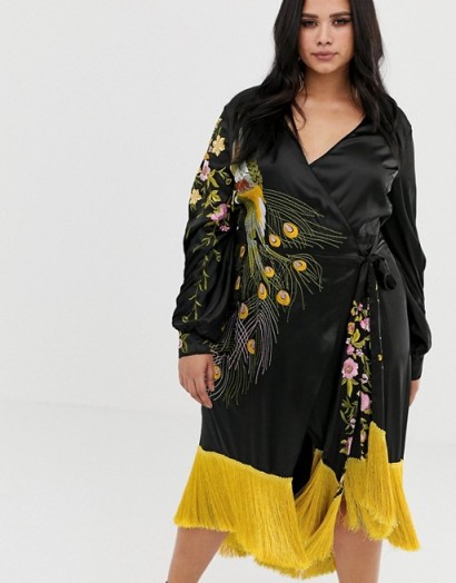 ASOS DESIGN Curve kimono midi dress with fringe in embroidered satin peacock in black | glamorous plus size party dresses
