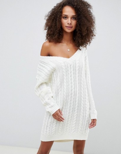 ASOS DESIGN cable v neck mini dress in cream | slouchy sweater dress