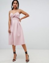 ASOS DESIGN crop top midi prom dress with twist detail in blush | strappy pale pink party frock