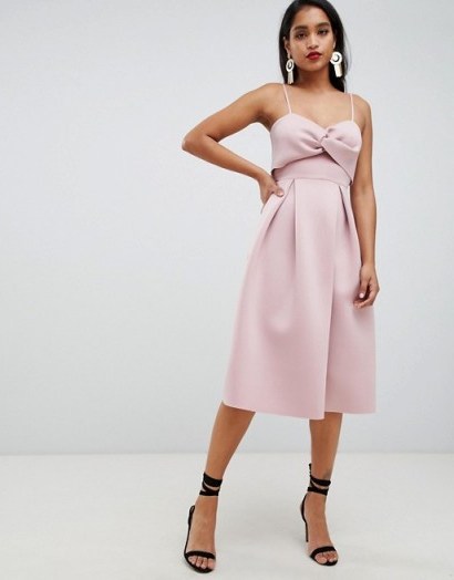 ASOS DESIGN crop top midi prom dress with twist detail in blush | strappy pale pink party frock - flipped