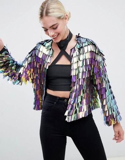 ASOS DESIGN iridescent fringe sequin jacket – party outerwear - flipped