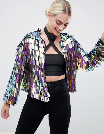 ASOS DESIGN iridescent fringe sequin jacket – party outerwear