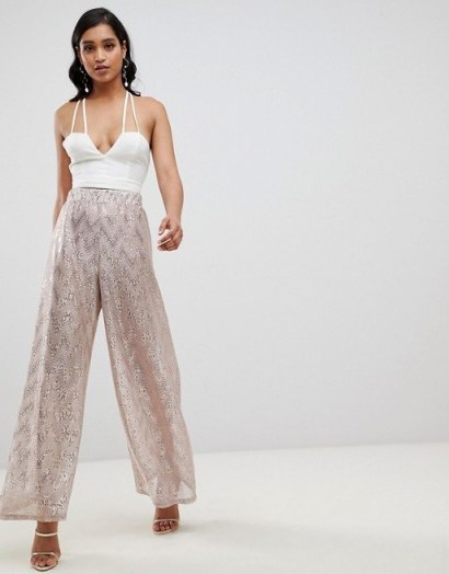 ASOS DESIGN occasion wide leg trouser with scatter glitter in blush – pale-pink party trousers - flipped