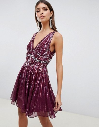 ASOS DESIGN scattered sequin mini skater dress in oxblood | sleeveless fit and flare party dresses - flipped