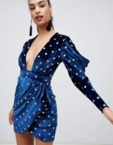 ASOS DESIGN star printed velvet mini dress in navy | plunge front party dresses