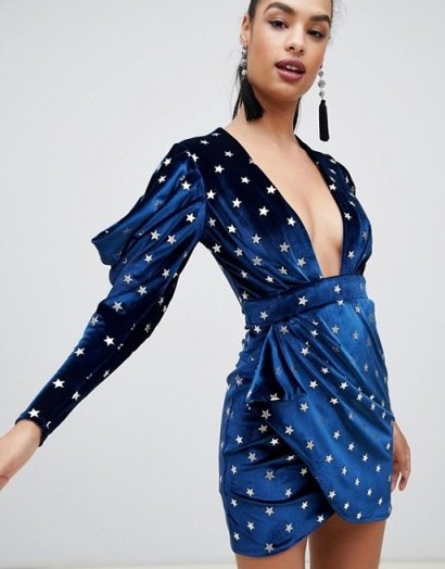 ASOS DESIGN star printed velvet mini dress in navy | plunge front party dresses - flipped