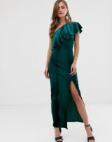 ASOS DESIGN velvet one shoulder ruffle maxi dress in Green | party glamour