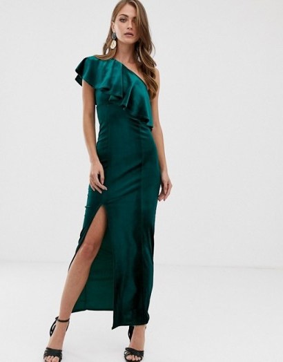 ASOS DESIGN velvet one shoulder ruffle maxi dress in Green | party glamour - flipped