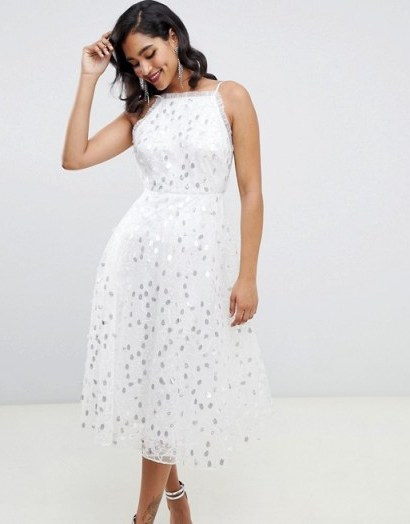 ASOS EDITION halter midi dress in embroidered sequin in white – sequined fit and flare party dresses - flipped