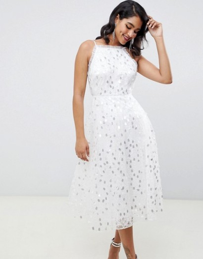 ASOS EDITION halter midi dress in embroidered sequin in white – sequined fit and flare party dresses