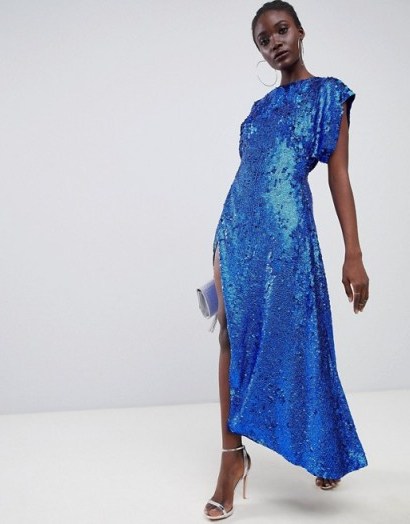 ASOS EDITION split side midi dress in sequin in Cobalt | glamorous blue party frock - flipped