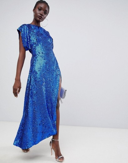 ASOS EDITION split side midi dress in sequin in Cobalt | glamorous blue party frock
