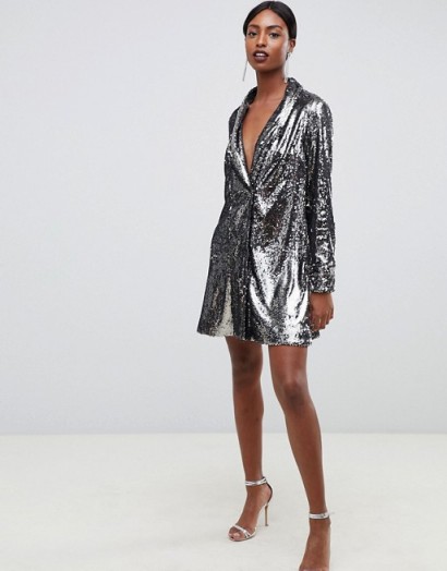 ASOS DESIGN Tall sequin tux dress with pleat detail in silver | glamorous jacket dresses
