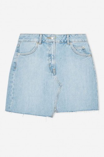 Topshop Asymmetric Denim Mini Skirt in Mid Stone | light blue raw hem mini - flipped