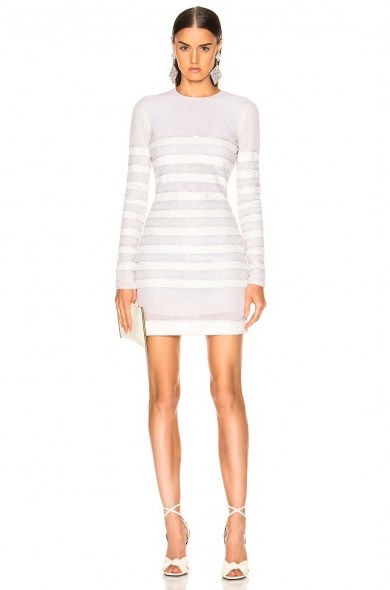 BALMAIN Sequin Stripe Long Sleeve Mini Dress in WHITE & NATURAL | glamorous sequinned party dresses - flipped