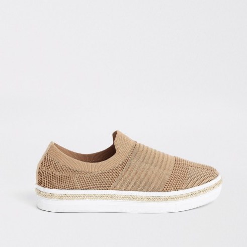 RIVER ISLAND Beige knitted runner espadrille trainers – sports luxe slip on - flipped