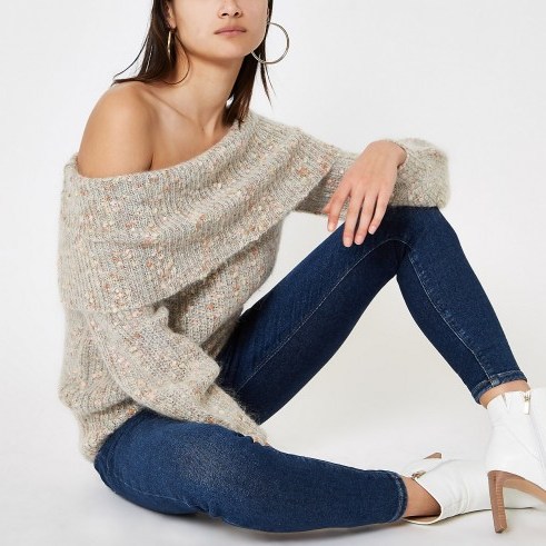 River Island Beige Luxe knit speckled bardot jumper | neutral off the shoulder sweater - flipped