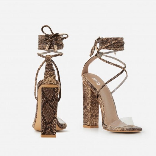 EGO Bello Perspex Lace Up Block Heel In Nude Snake Print Faux Leather – high strappy sandals - flipped