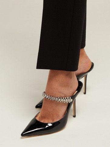 JIMMY CHOO Bing 100 crystal-embellished black patent leather mules