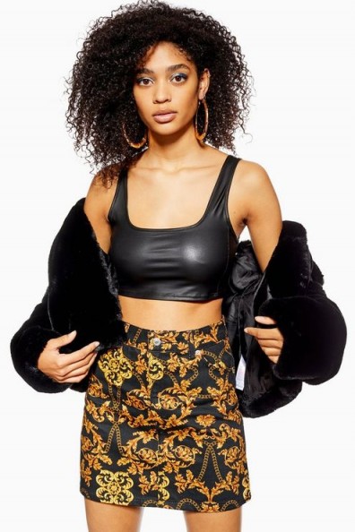 Topshop Black Chain Print Denim Skirt | gold prints