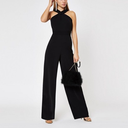 RIVER ISLAND Black cross front wide leg jumpsuit – party glamour - flipped