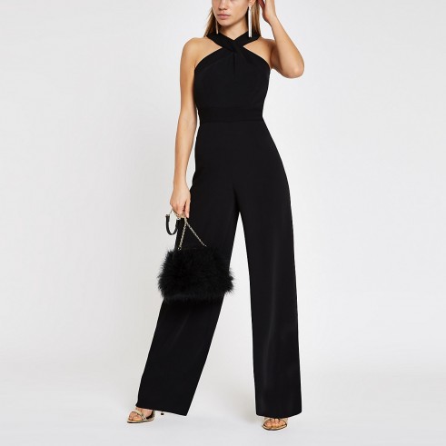 RIVER ISLAND Black cross front wide leg jumpsuit – party glamour